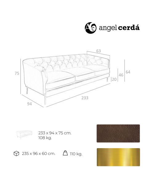 Canapé 3 places en cuir cognac/doré - 233x94x75 cm