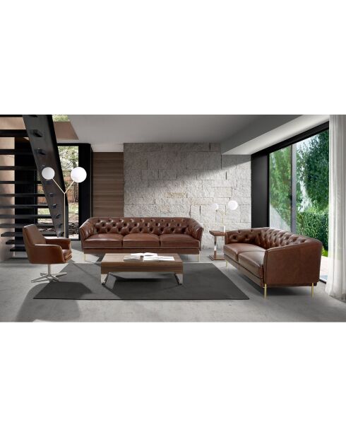 Canapé 3 places en cuir cognac/doré - 233x94x75 cm