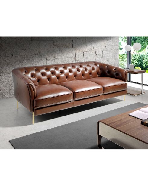 Canapé 3 places en cuir cognac/doré - 233x94x75 cm