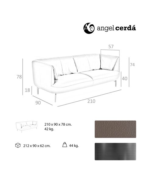 Canapé 3 places en cuir gris/argenté - 210x90x78 cm