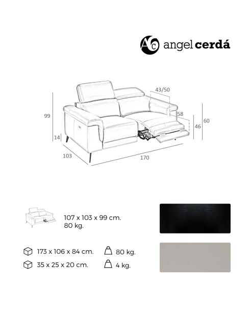 2-zits elektrische relaxbank in leer grijs/zwart - 170x103x99 cm