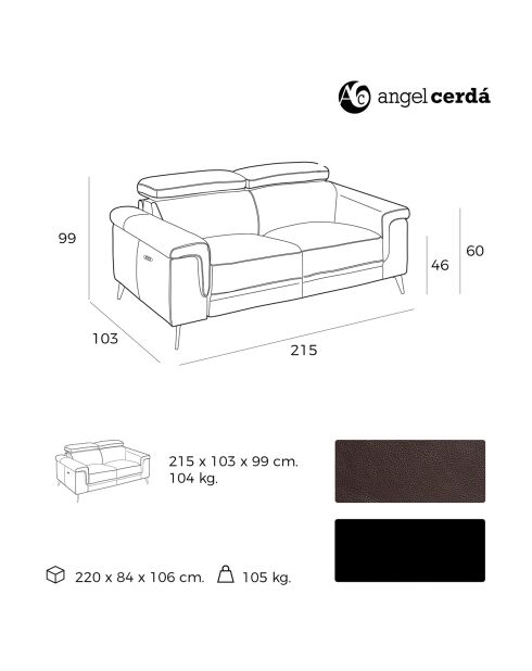 3-zits elektrische relaxbank in leer chocolade/zwart - 215x103x99 cm