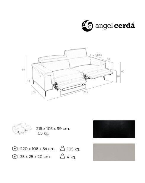 Canapé 3 places en cuir relax électrique gris/noir - 215x103x99 cm