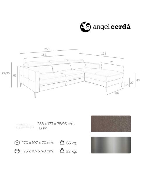 Canapé d'angle droit en cuir relax électrique gris foncé - 258x173x75 cm