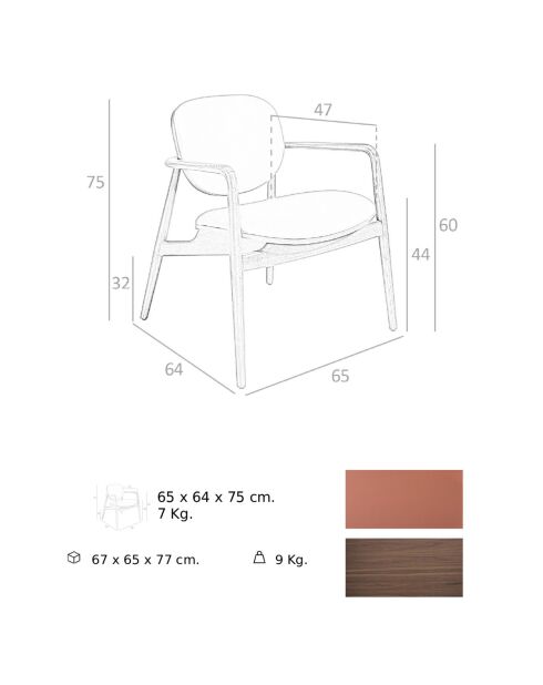 Chaise de salle à manger avec accoudoirs en éco-cuir marron/noyer - 65x64x75 cm
