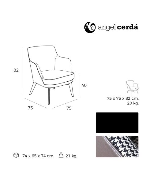 Sessel aus Stoff mit Hahnentrittmuster und Rückenlehne aus grau/schwarzem Kunstleder - 75x75x82 cm