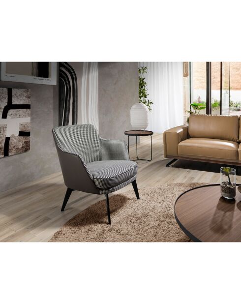 Sessel aus Stoff mit Hahnentrittmuster und Rückenlehne aus grau/schwarzem Kunstleder - 75x75x82 cm