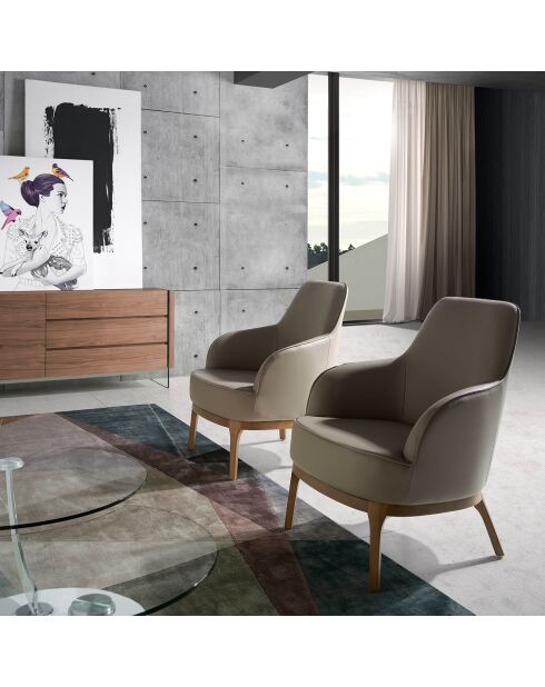 Fauteuil en simili-cuir beige/noyer - 71x71x90 cm