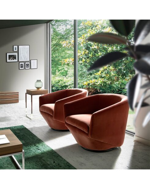 Fauteuil pivotant velours et base en acier saumon rose/acier inoxydable - 78x78x70 cm