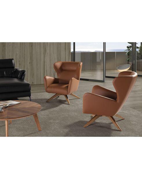 Fauteuil pivotant en simili cuir moka/noyer - 86x75x90 cm