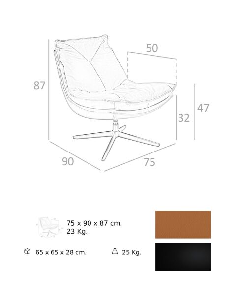 Fauteuil pivotant en cuir marron/noir - 75x90x87 cm