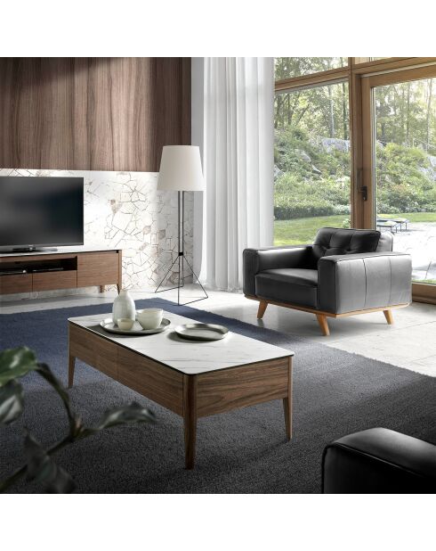 Fauteuil en cuir et pieds en noyer noir/noyer - 112x95x78 cm