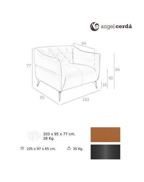 Fauteuil en cuir avec dossier matelassé brun/acier - 103x95x77 cm