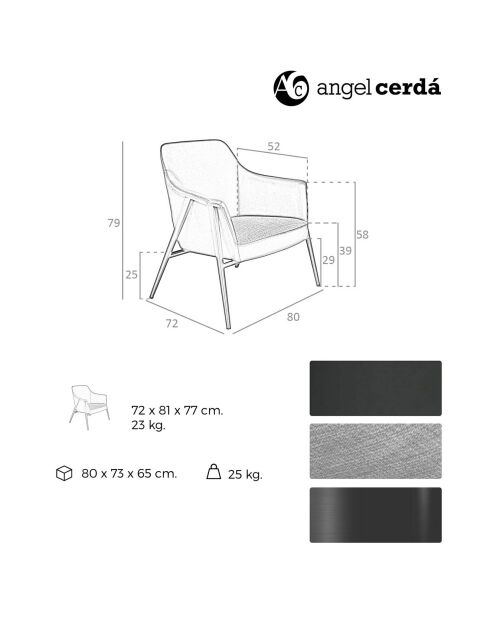 Fauteuil tissu et simili cuir noir/gris/noir mat - 80x72x79 cm