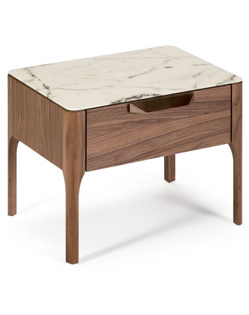 Table de chevet avec plateau effet marbre noyer/blanc/gris/cuivre - 55x40x44 cm