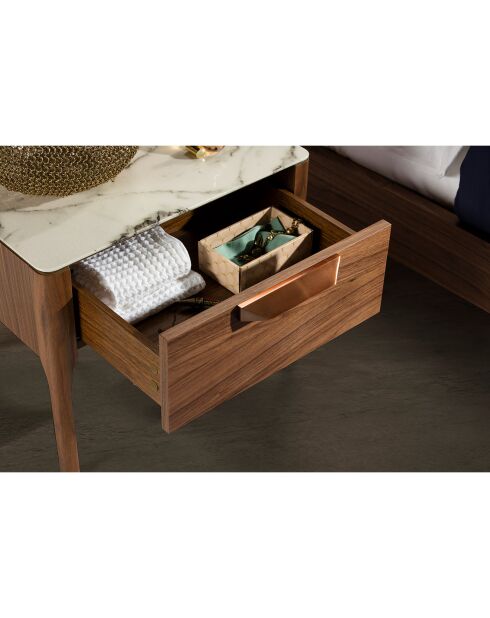 Table de chevet avec plateau effet marbre noyer/blanc/gris/cuivre - 55x40x44 cm