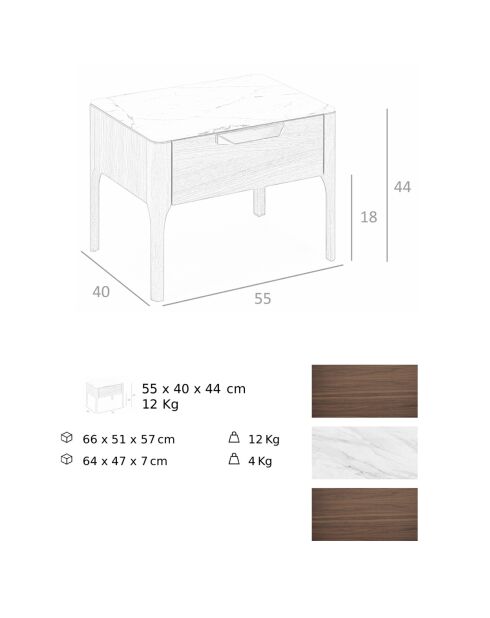 Table de chevet avec plateau effet marbre noyer/blanc/gris/cuivre - 55x40x44 cm