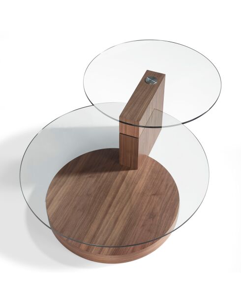 Couchtisch mit runden Platten aus Nussbaumholz/transparentem gehärtetem Glas - 120x80x38 cm