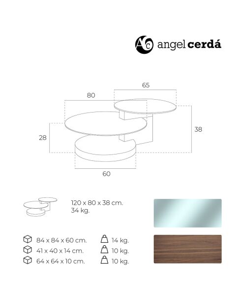 Couchtisch mit runden Platten aus Nussbaumholz/transparentem gehärtetem Glas - 120x80x38 cm