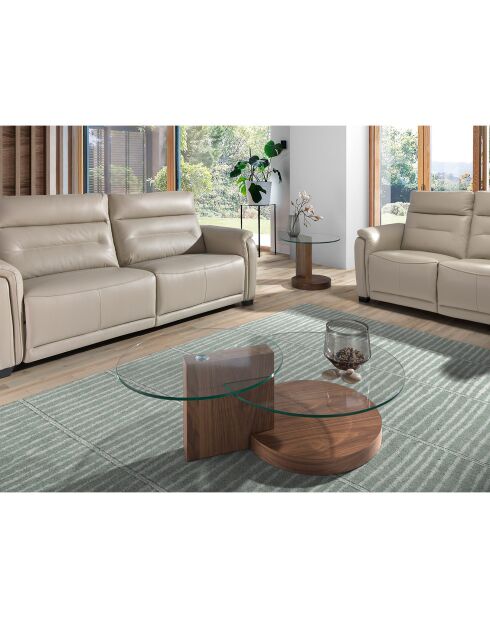 Couchtisch mit runden Platten aus Nussbaumholz/transparentem gehärtetem Glas - 120x80x38 cm