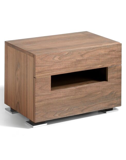 Table de chevet 2 tiroirs et éclairage intérieur noyer - 58x38x41 cm