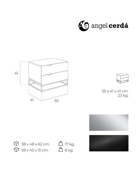Table de chevet laqué 2 tiroirs gris perle/noir - 55x41x41 cm