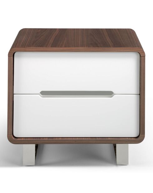 Table de chevet 2 tiroirs laqué noyer/blanc/acier chromé - 66x48x48 cm