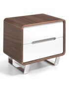 Table de chevet 2 tiroirs laqué noyer/blanc/acier chromé - 66x48x48 cm