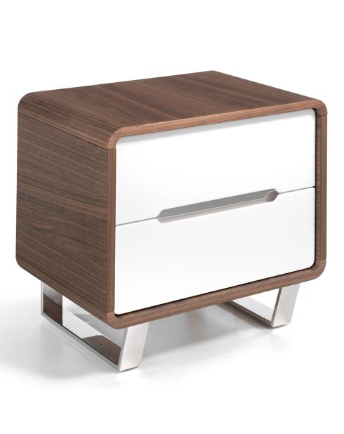 Nachttisch mit 2 Schubladen aus lackiertem Nussbaumholz/weiß/verchromtem Stahl - 66x48x48 cm