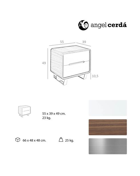 Nachttisch mit 2 Schubladen aus lackiertem Nussbaumholz/weiß/verchromtem Stahl - 66x48x48 cm