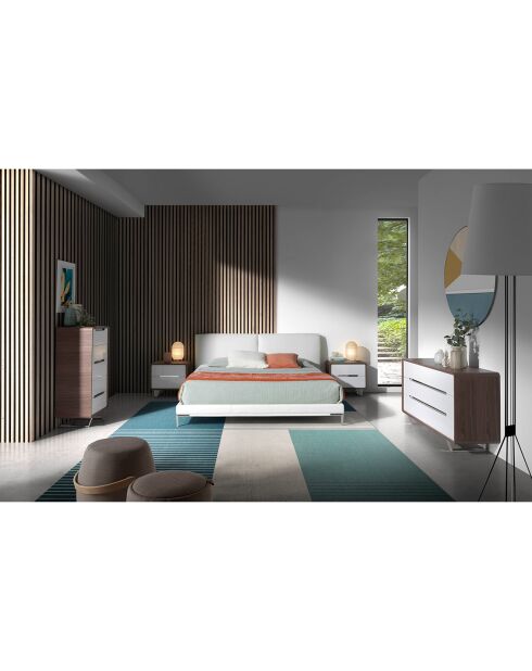 Nachttisch mit 2 Schubladen aus lackiertem Nussbaumholz/weiß/verchromtem Stahl - 66x48x48 cm