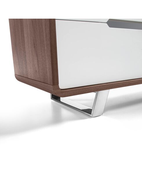 Table de chevet 2 tiroirs laqué noyer/blanc/acier chromé - 66x48x48 cm