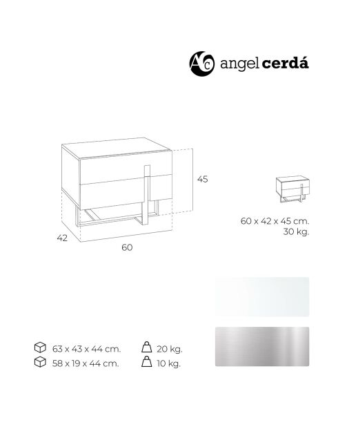 Table de chevet laqué 2 tiroirs blanc/argenté - 60x42x45 cm