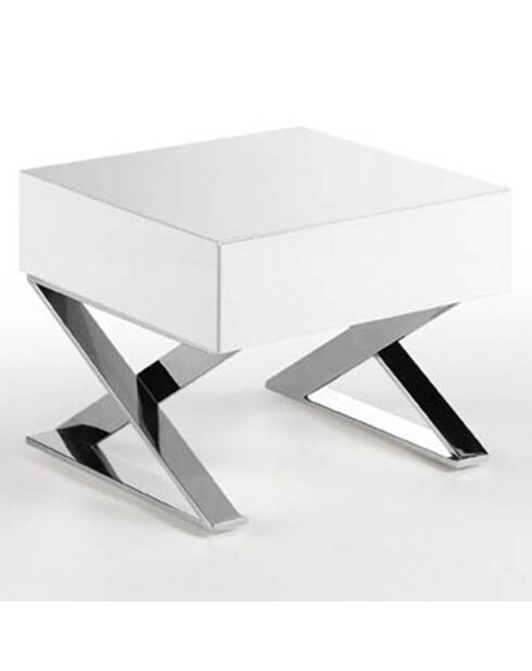 Table de chevet laqué sur pieds en croix blanc/argenté - 50x48x38 cm