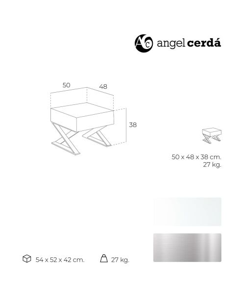 Table de chevet laqué sur pieds en croix blanc/argenté - 50x48x38 cm