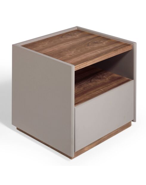 Table de chevet laqué noyer/vison - 50x45x45 cm