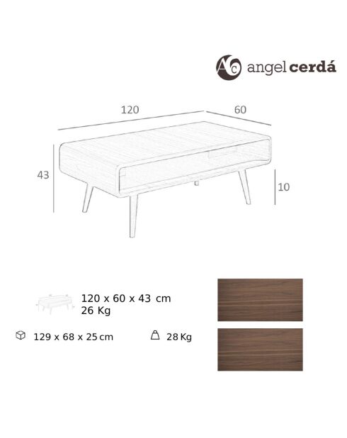 Table basse avec porte-revue noyer - 120x60x43 cm