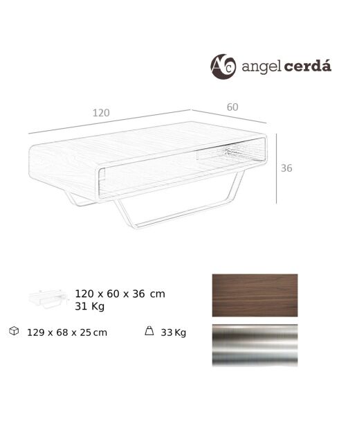 Mesita de madera chapada sobre patas de acero inoxidable en nogal/plata - 120x60x36 cm