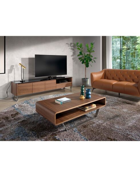 Mesita de madera chapada sobre patas de acero inoxidable en nogal/plata - 120x60x36 cm