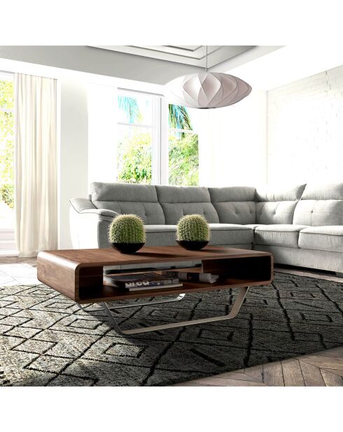 Mesita de madera chapada sobre patas de acero inoxidable en nogal/plata - 120x60x36 cm