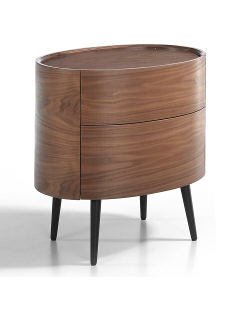 Table de chevet ovale avec 2 tiroirs noyer/noir - 60x42x60 cm