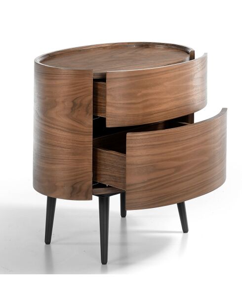 Table de chevet ovale avec 2 tiroirs noyer/noir - 60x42x60 cm