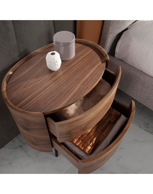 Table de chevet ovale avec 2 tiroirs noyer/noir - 60x42x60 cm