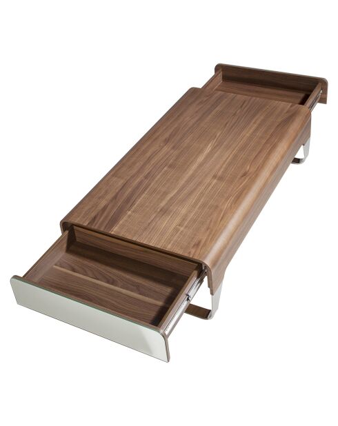Table basse 2 tiroirs avec plateau en verre poli noyer/argenté - 120x70x34 cm
