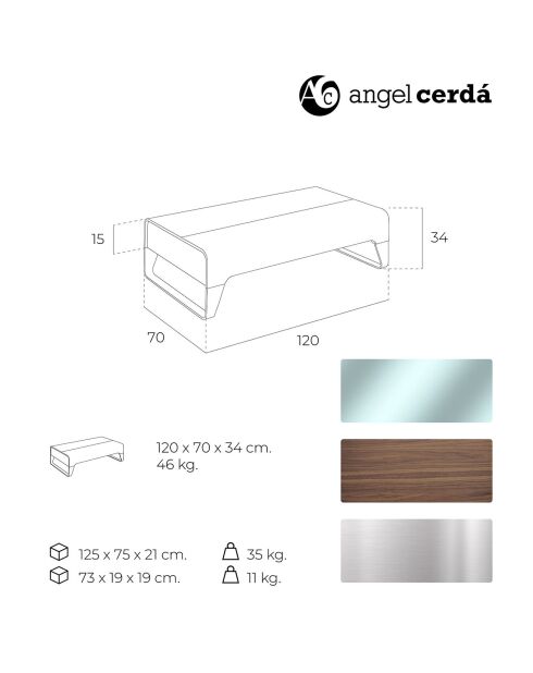 Salontafel met 2 laden en walnoot/zilver gepolijst glazen blad - 120x70x34 cm