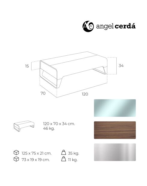 Table basse 2 tiroirs avec plateau en verre poli noyer/argenté - 120x70x34 cm