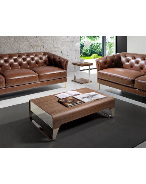 Table basse 2 tiroirs avec plateau en verre poli noyer/argenté - 120x70x34 cm