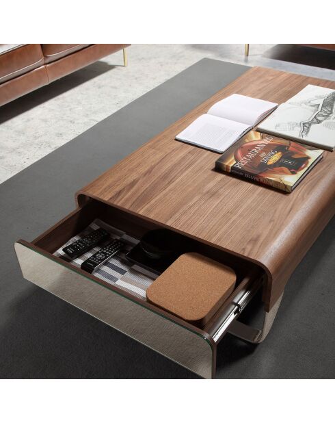 Tavolino a 2 cassetti con piano in vetro lucido noce/argento - 120x70x34 cm