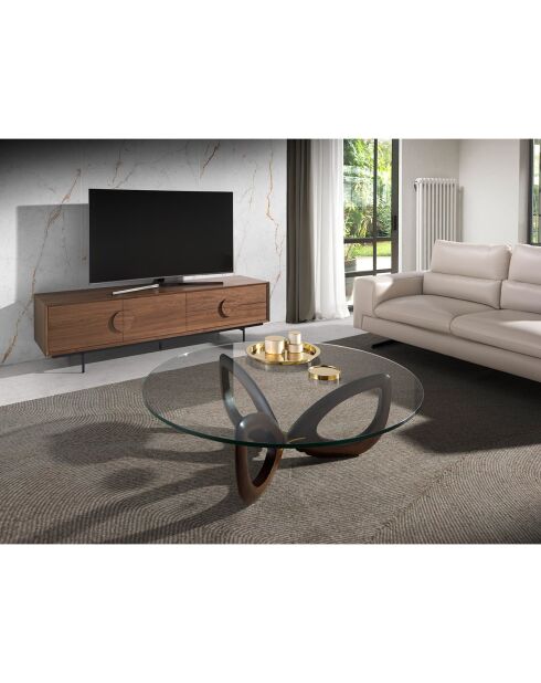 Table basse avec plateau en verre trempé transparent/noyer - 120x120x38 cm
