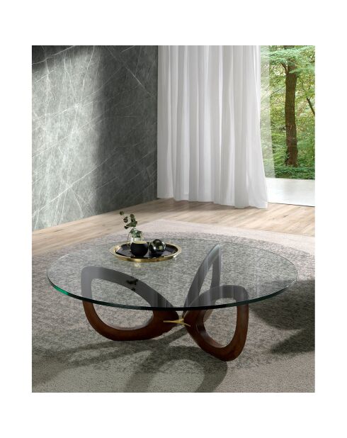 Table basse avec plateau en verre trempé transparent/noyer - 120x120x38 cm